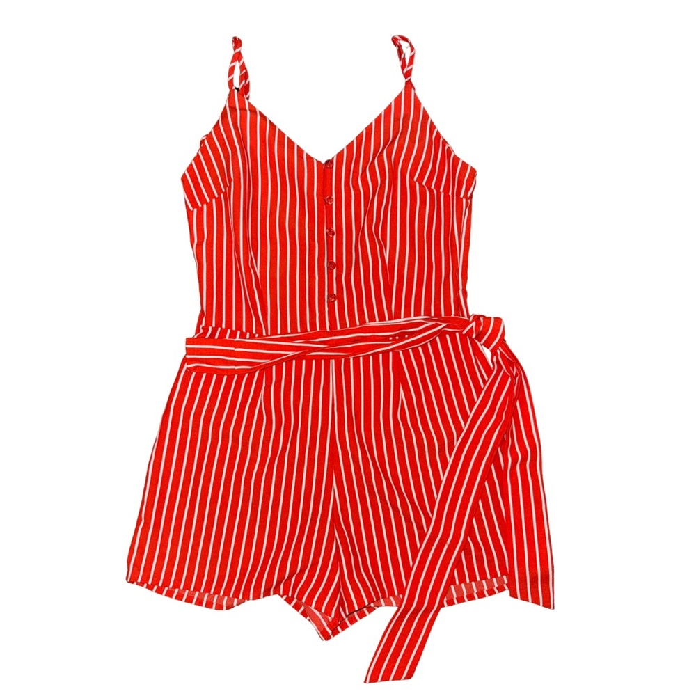 Red & White Striped Tie-Waist Romper